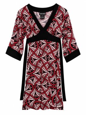 Bisou Bisou Michele Bohbot Red Black Abstract Print Empire Waist Dress Size 8